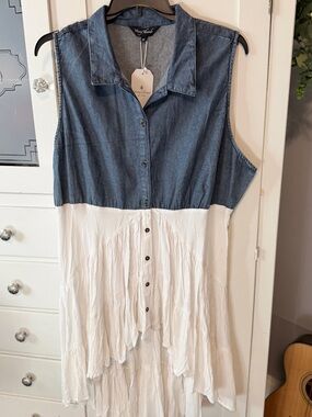 Sleeveless Two-Tone Chambray & White Tunic Dress - Navy/White
